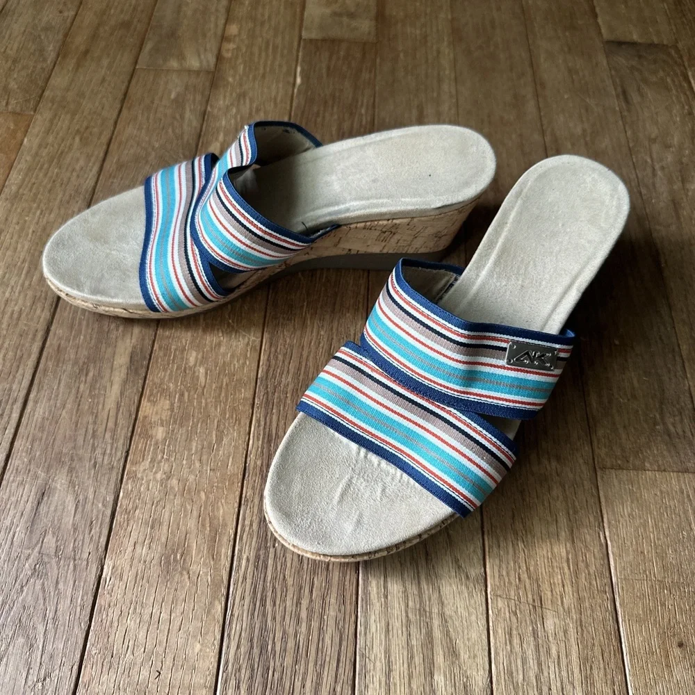 Anne Klein Wedge Sandals Size 7 Striped Sailor Chic Cork Heel Summer‎